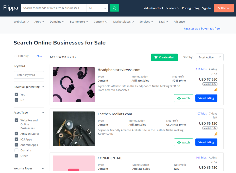 Flippa для покупки и продажи сайтов